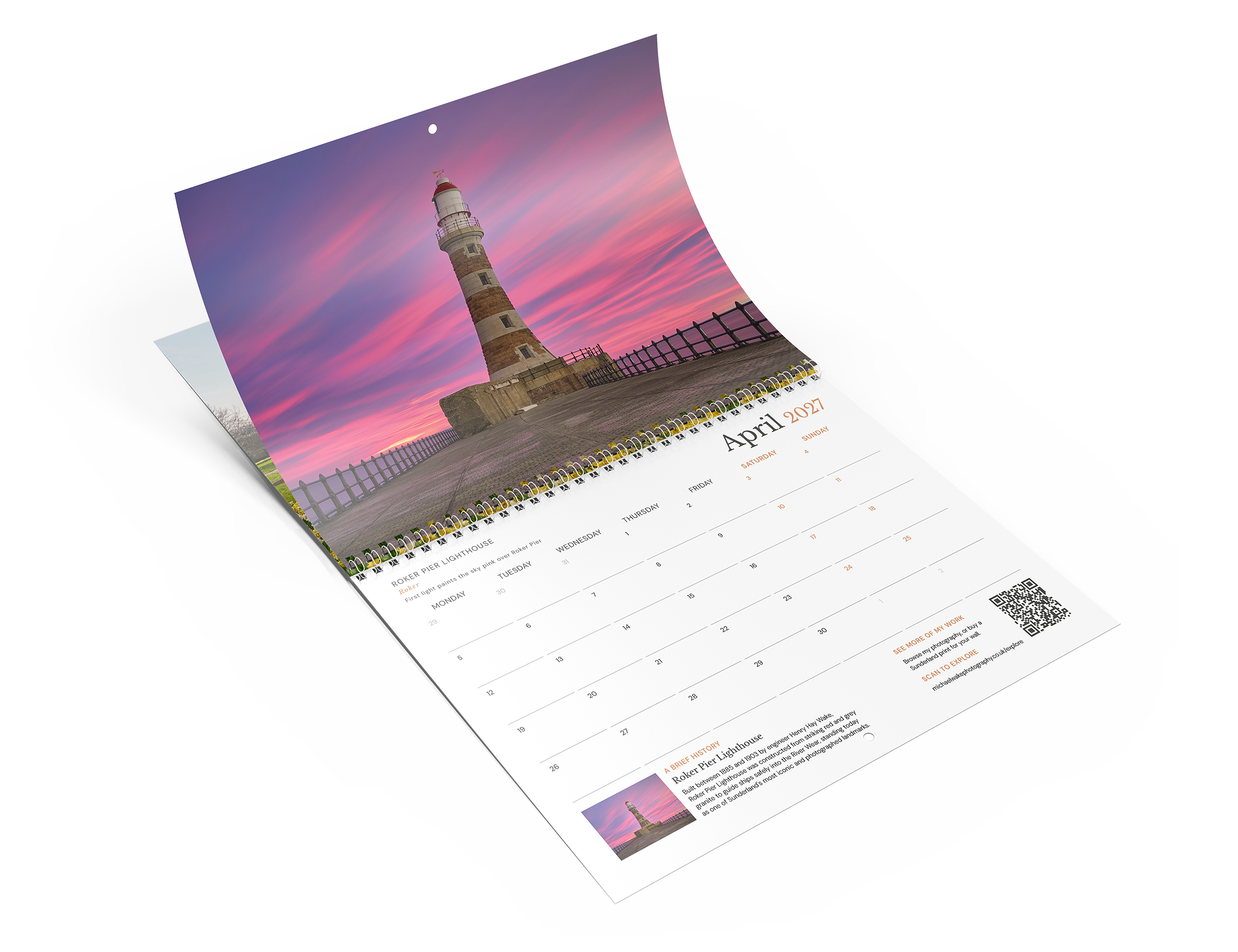 Sunderland Calendar 2027 open to April, showing Roker Pier Lighthouse at sunrise with white wire binding and hanging hole