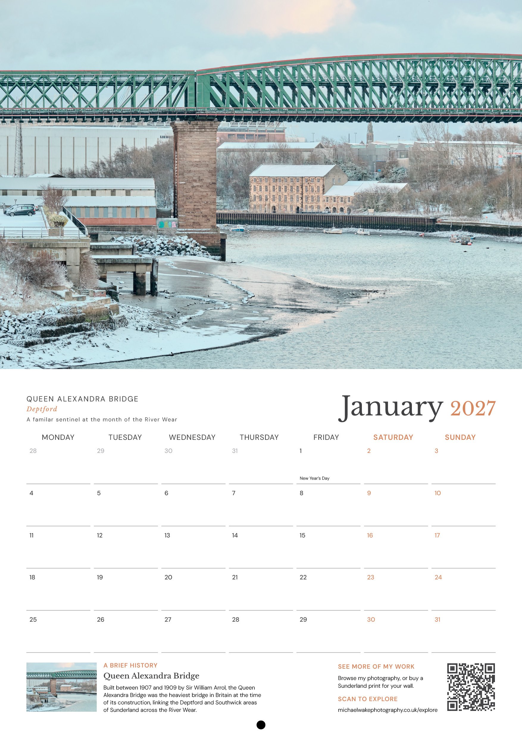 Sunderland Calendar 2027 open to January, showing Queen Alexandra Bridge in snow at Deptford, Sunderland
