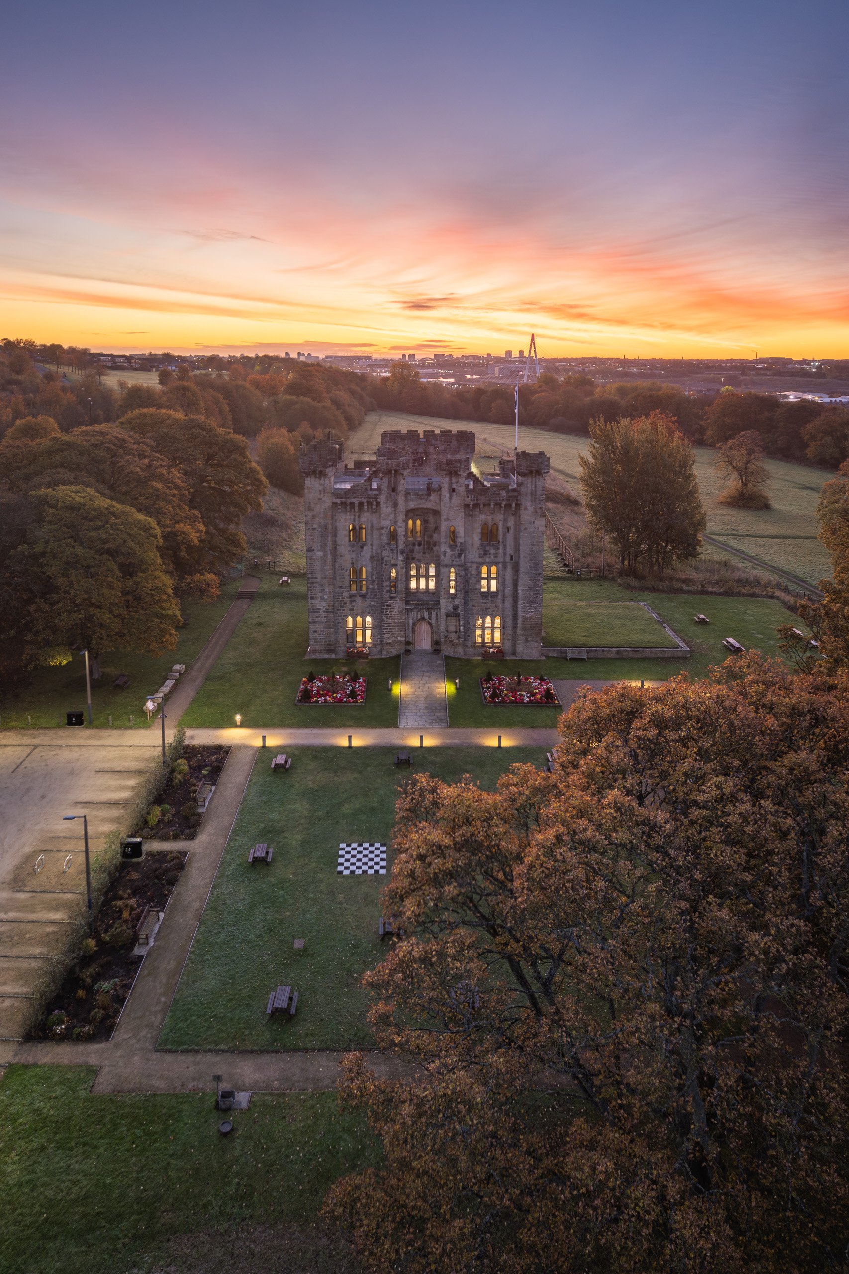 Aerial view of Hylton Castle at sunrise