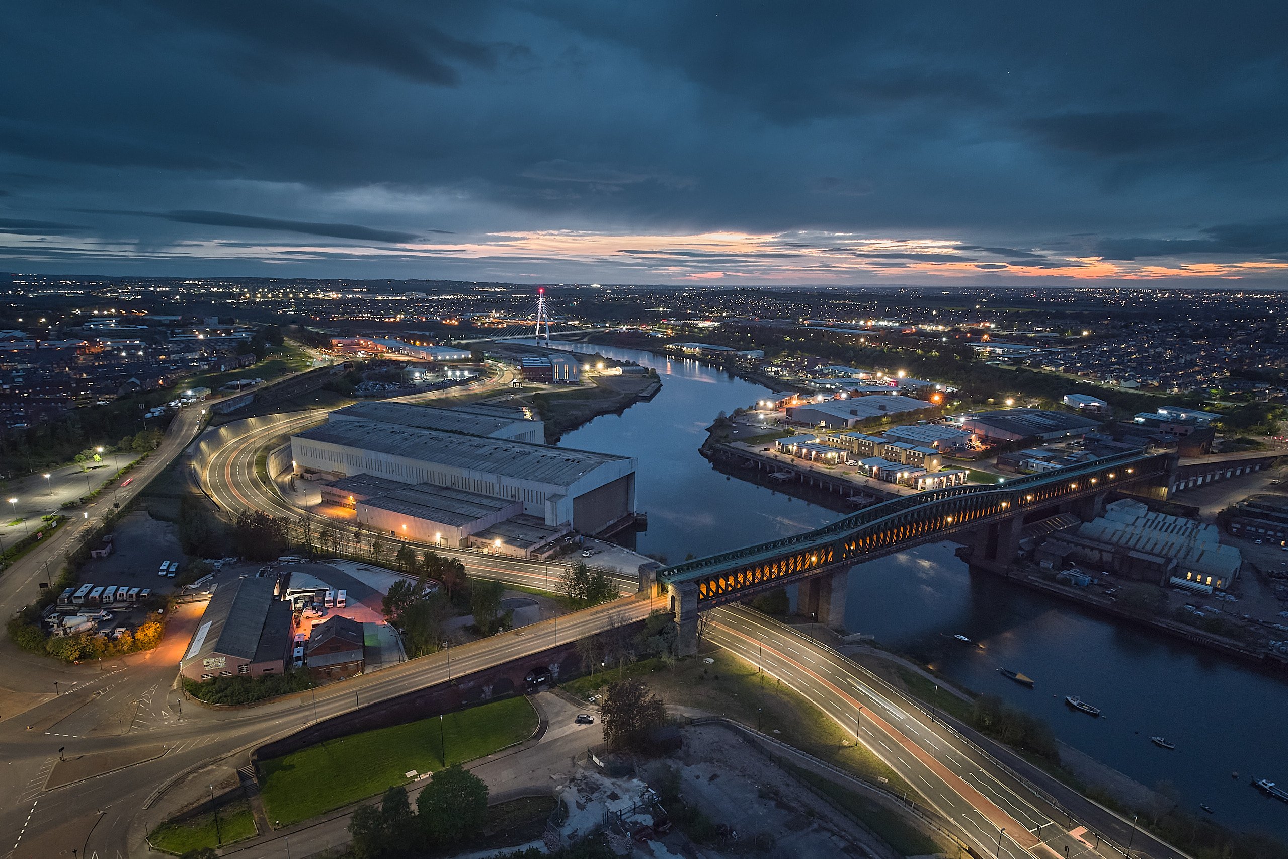 Aerial view of Queen Alexandra Bridge at dusk, Sunderland