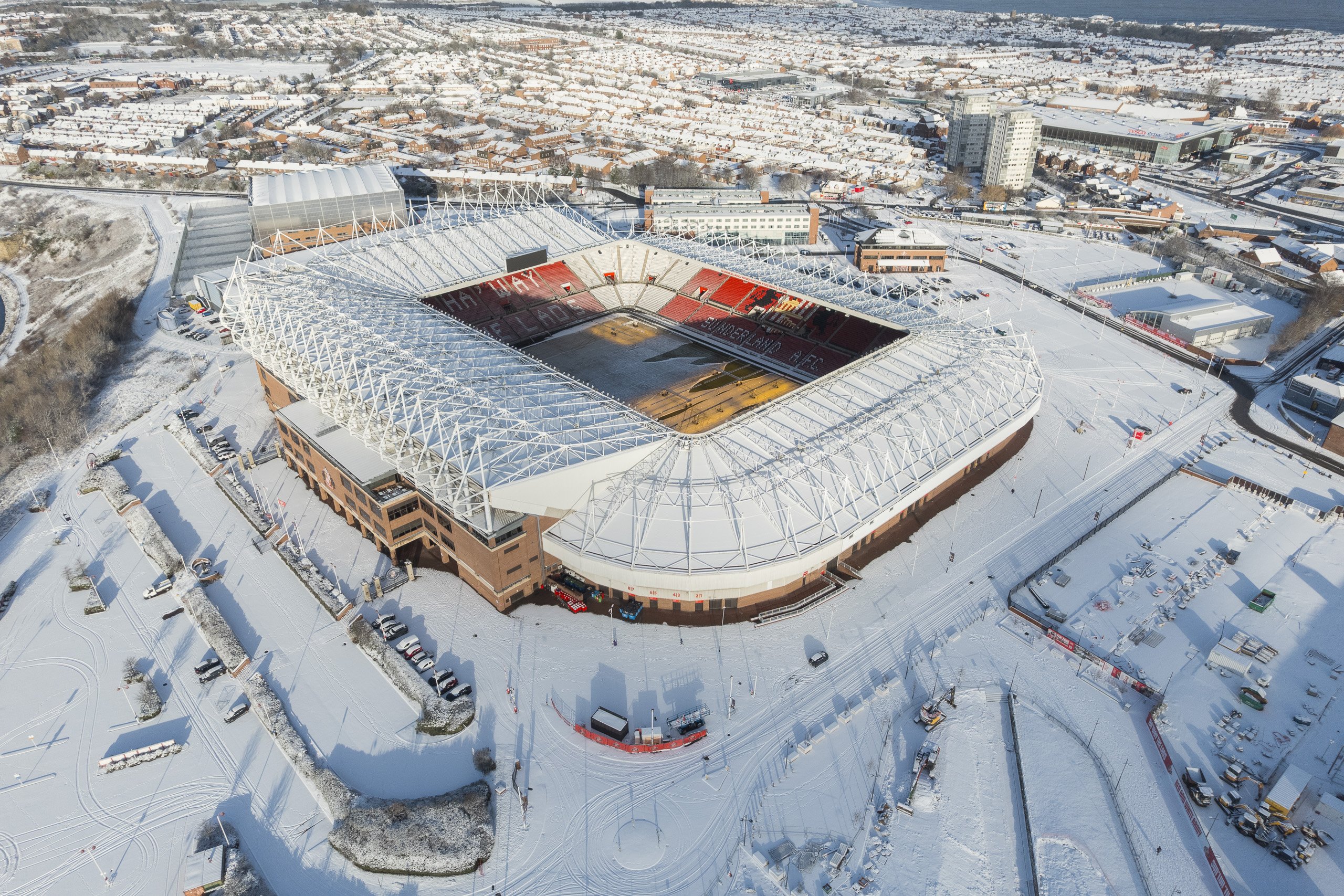 Aerial view of the Stadium of Light covered in snow