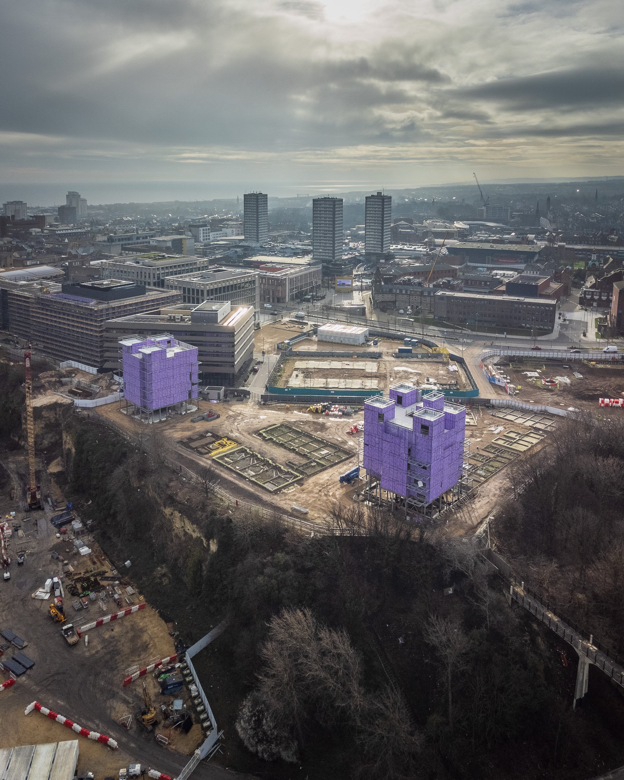 Aerial view of the Vaux riverside development under construction