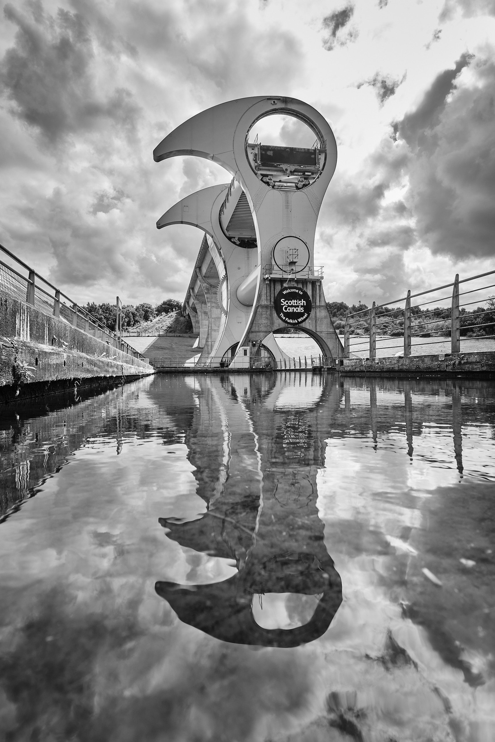 Black and white view of the Falkirk Wheel