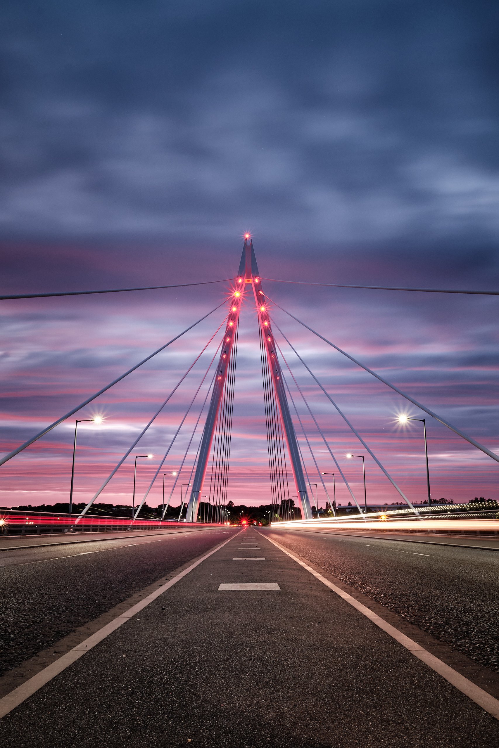 Northern Spire Bridge at sunset, ground-level view