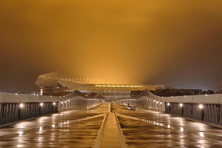 Keel Crossing lit gold at night, Sheepfolds, Sunderland - February, Sunderland Calendar 2027
