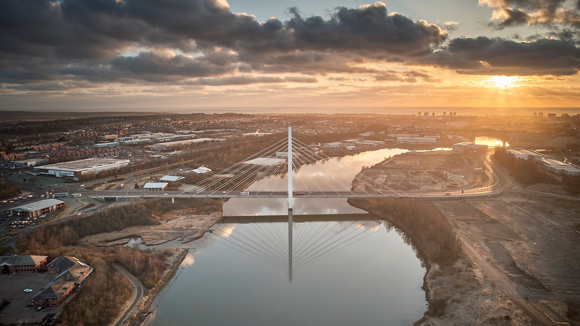Aerial view of the Northern Spire bridge over the River Wear at sunrise, Sunderland — Sunderland Calendar 2027