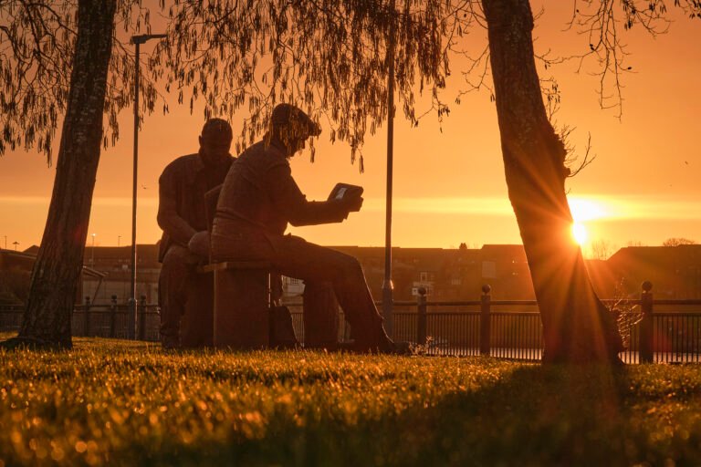 'It Says Here' sculpture at sunrise, Monkwearmouth, Sunderland - July, Sunderland Calendar 2027